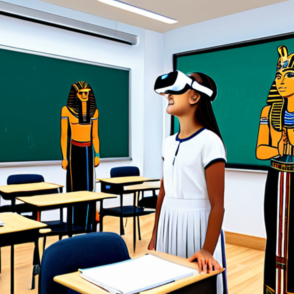**
"A modern, bright classroom featuring interactive whiteboards, students wearing appropriate attire using VR headsets for a virtual lesson on ancient Egypt, fully clothed, safe for work, perfect anatomy, natural proportions, professional educational environment, family-friendly."
**