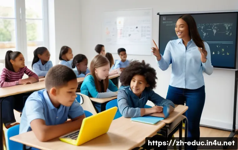 국가별 교육 개혁 사례 - A modern classroom scene showcasing a diverse group of students using intelligent educational techno...