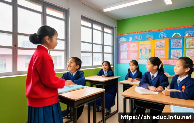다문화 교육 방법론 - A vibrant multicultural classroom scene in a modern Chinese school setting, featuring diverse studen...