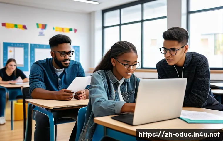 교육 평가 방법론 - A modern classroom scene showcasing a diverse group of students engaged in a project-based evaluatio...