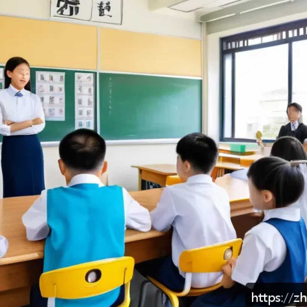 학생 주도 학습 모델 - A modern classroom scene in a Chinese school, featuring a diverse group of students actively engagin...