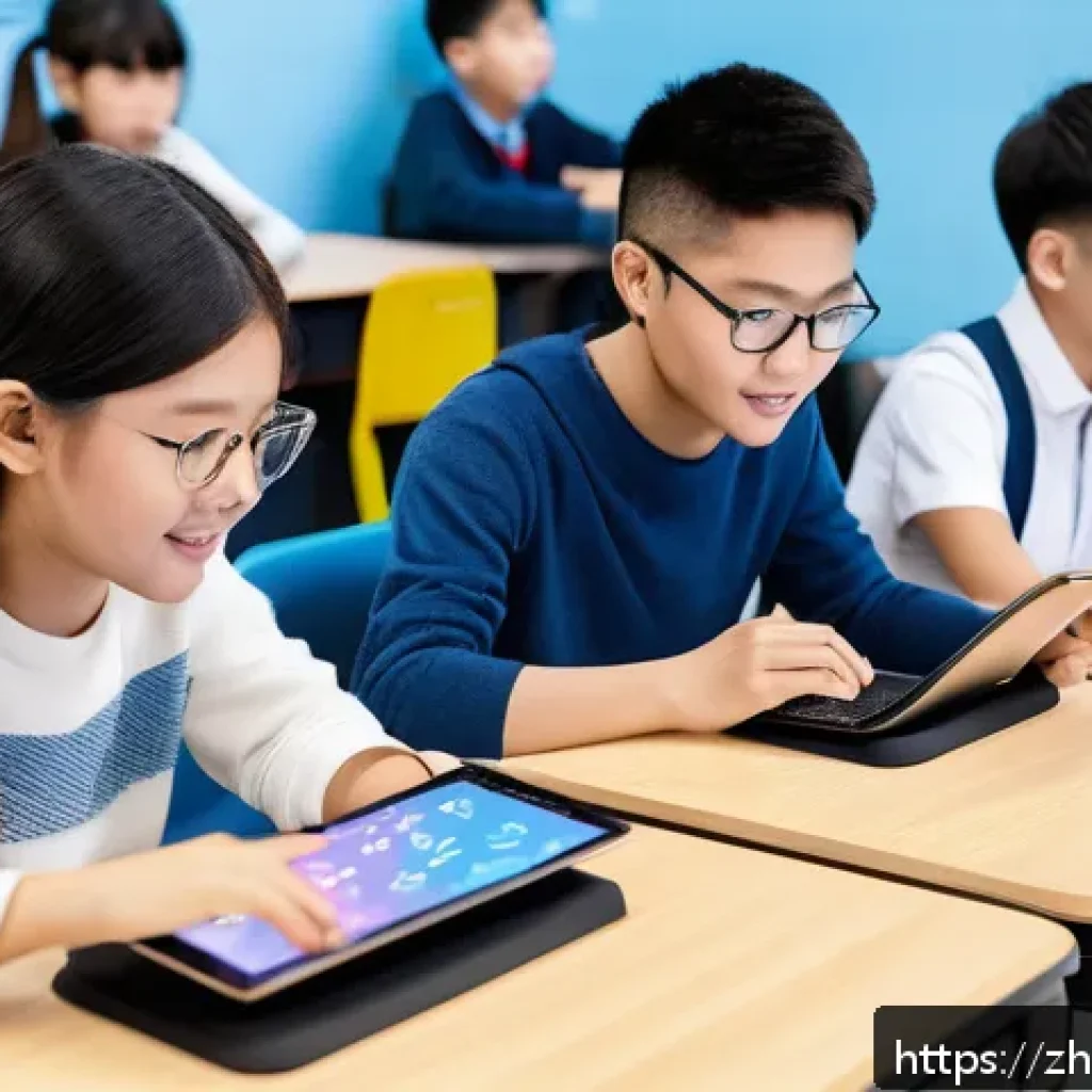 인공지능과 학습 개인화 - A modern digital classroom scene showing a diverse group of young Chinese students using multiple de...