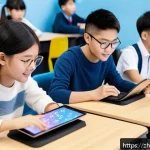 인공지능과 학습 개인화 - A modern digital classroom scene showing a diverse group of young Chinese students using multiple de...