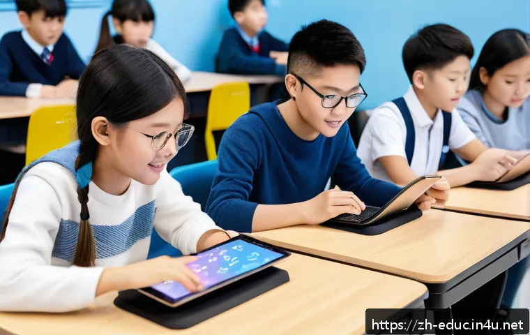 인공지능과 학습 개인화 - A modern digital classroom scene showing a diverse group of young Chinese students using multiple de...