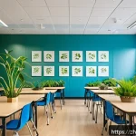 교실 환경 디자인 최적화 - A modern classroom bathed in soft natural sunlight streaming through large windows with adjustable b...