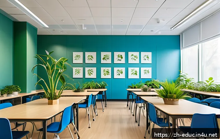 교실 환경 디자인 최적화 - A modern classroom bathed in soft natural sunlight streaming through large windows with adjustable b...