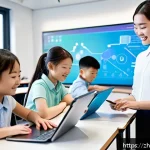 교육 트렌드 예측 - A modern classroom scene showing a diverse group of Chinese students using personalized learning pla...