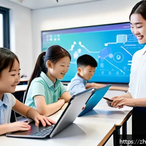 교육 트렌드 예측 - A modern classroom scene showing a diverse group of Chinese students using personalized learning pla...