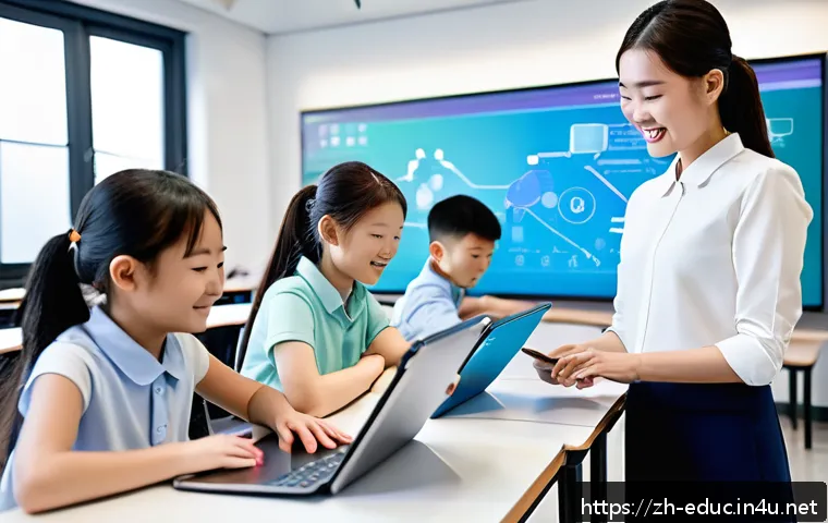 교육 트렌드 예측 - A modern classroom scene showing a diverse group of Chinese students using personalized learning pla...